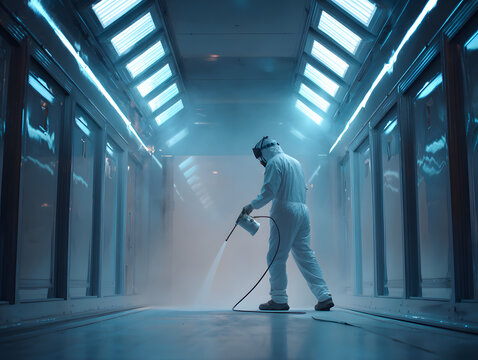 Professional technician in a hazmat suit performing industrial cleaning and disinfection in a sterile room