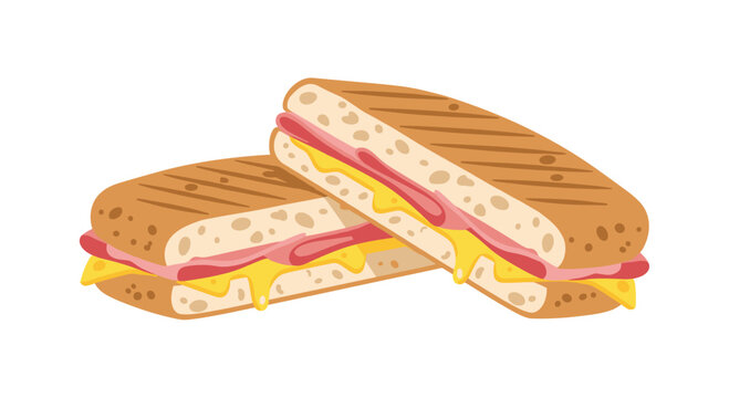 Two halves of a delicious grilled panini sandwich are stacked to show layers of savory ham and melted yellow cheese inside crusty toasted bread.