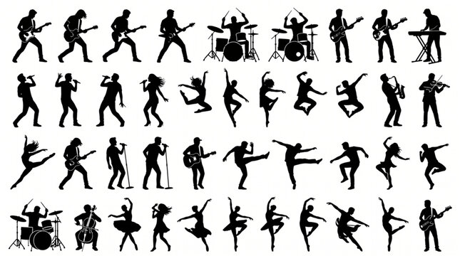 Massive collection of professional musician and dancer silhouettes featuring rock guitarists, drummers, singers, ballerinas, cellists, and violinists isolated on a plain white background set