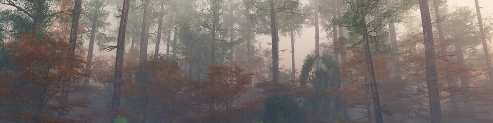 Fototapeta premium Forest in the morning in a fog in the sun, trees in a haze of light, glowing fog among the trees, 3D rendering