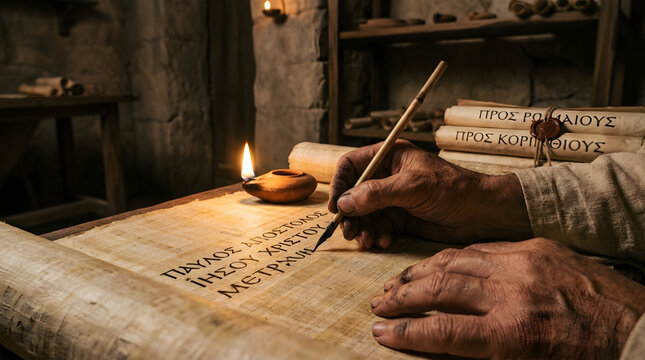 Historical scribe by candlelight on ancient scrolls, suitable for history books, educational materials, or storytelling visuals. Illuminate historys words.