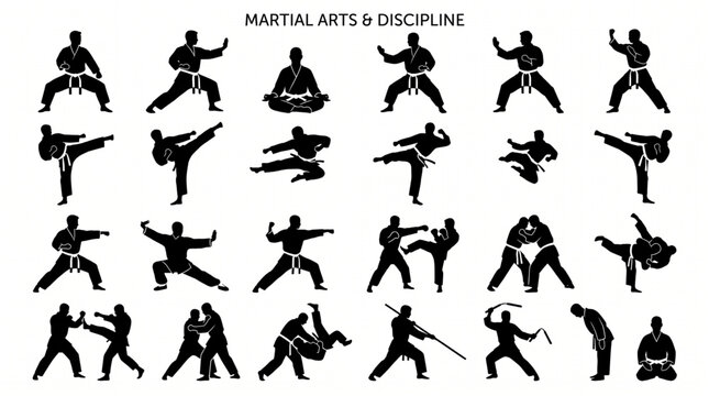 Massive collection of martial arts silhouettes featuring karate, judo, and kung fu practitioners performing kicks, punches, throws, meditation, and weapon training in various action poses.