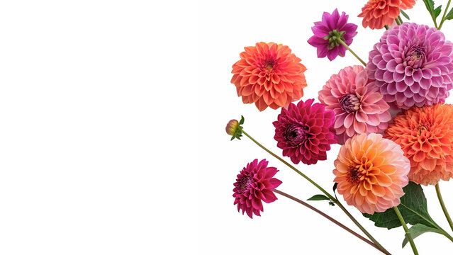Colorful collection of dahlia flowers in various shades gathered together on a plain background isolated on transparent background	