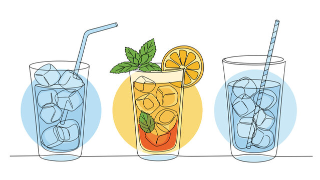 Refreshing continuous line art illustrations of three iced drinks, including water and a citrus cocktail, enhanced with colorful, abstract backgrounds.