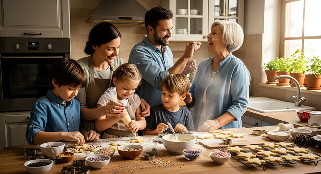 Three generations of a happy family baking sugar cookies together in a modern rustic kitchen with warm natural sunlight during the holidays