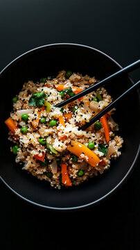 Cauliflower rice stir-fry with vegetable and chopstick in black bowl