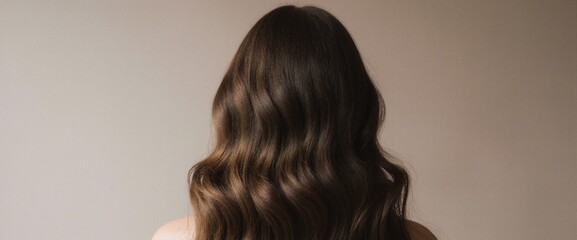 Fototapeta premium A woman with long, wavy brown hair viewed from behind