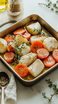 Roasted carrot and root vegetable with thyme in tray on marble