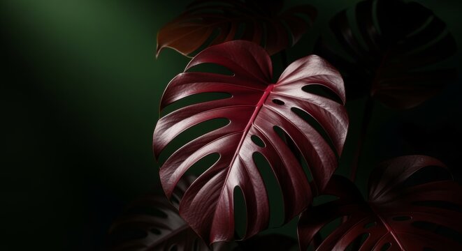 Deep Burgundy Monstera Leaf with Intricate Pattern Against Dark Green Background