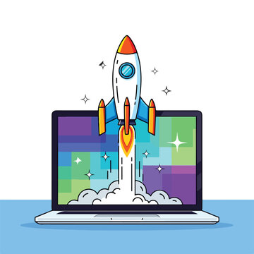 A cartoon rocket launching from a laptop