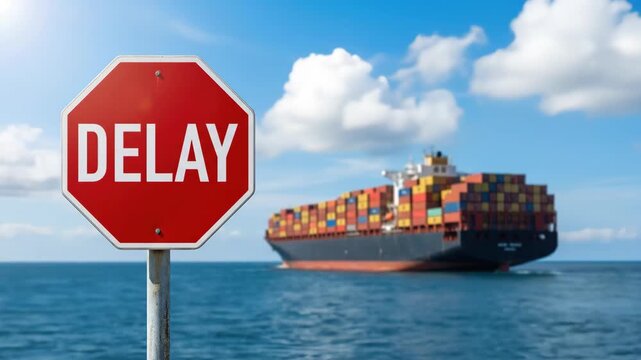 Cargo container shipping delay logistics disruption bottleneck crisis shortage economy, trade risk inflation warning sign near container ship sea, global supply chain pressure and freight uncertainty