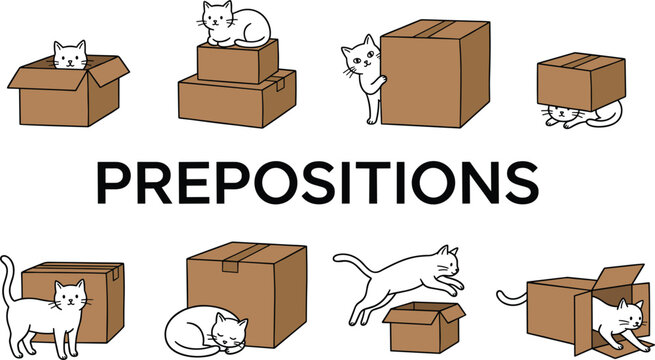 Prepositions concept illustration with cute cat and cardboard boxes demonstrating spatial relationships like inside outside under over and between