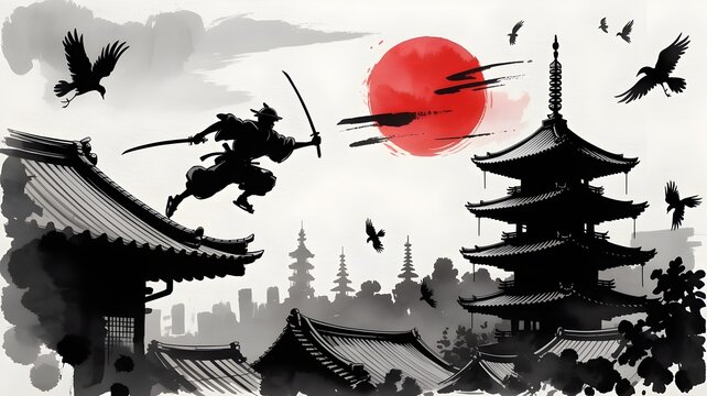 Silhouette of ancient East Asian architecture with a glowing red sun and flying birds, watercolor and ink fusion style.
