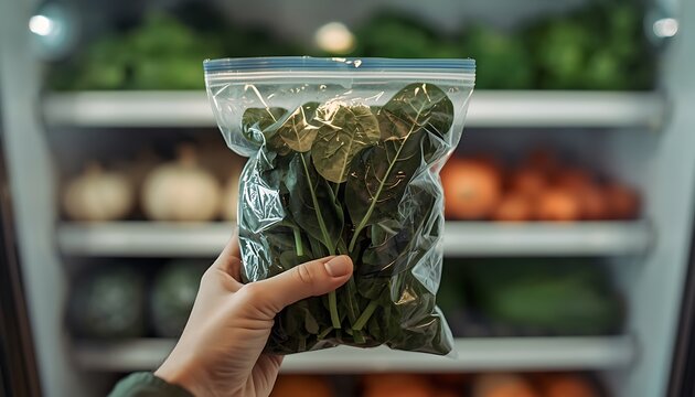 Hand holding a ziplock bag of fresh green leafy vegetables in front of a refrigerator shelf stocked with various fruits and vegetables.