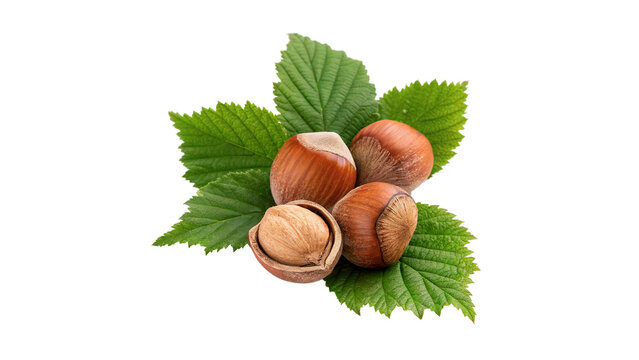 Hazelnuts on green leaves with one nut open showing the inner seed isolated on transparent background	