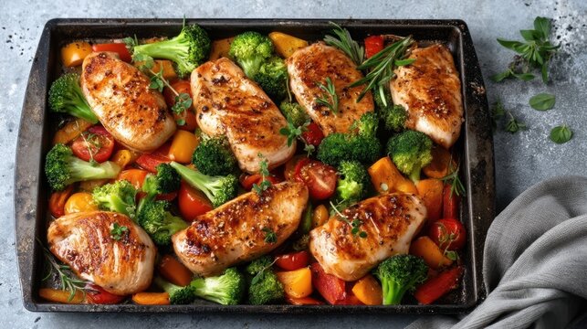 Baked chicken breast with broccoli and bell peppers on pan
