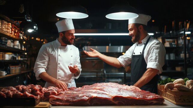 A powerful image of collaboration. A chef and a master butcher stand in a professional butcher's shop, discussing a large cut of dry-aged beef