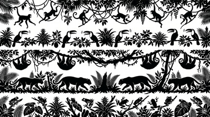 Detailed black silhouette jungle border set including monkeys swinging on vines, toucans on branches, hanging sloths, walking panthers, and tree frogs amidst exotic tropical plants, Vector. © Ai