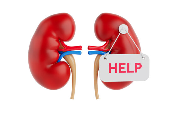 Renal Support And Medical Emergency Concept. Human Kidneys With Hanging Help Sign On White Background. 3D Rendering