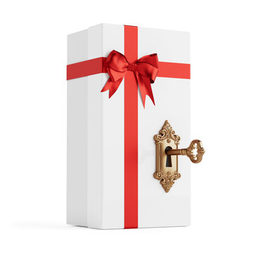Luxury Gift Packaging And Secure Surprise Concept. White Present Box With Red Ribbon Bow And Ornate Golden Lock With Key. 3d Rendering