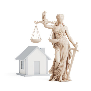 Property Law And Housing Protection Concept. Femida Statue With Scales Sword And House Model. 3D Rendering