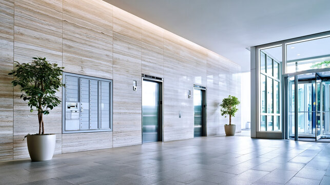 A modern office lobby with elevators and a glass entrance door