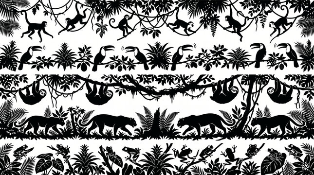 Detailed black silhouette jungle border set including monkeys swinging on vines, toucans on branches, hanging sloths, walking panthers, and tree frogs amidst exotic tropical plants, Vector.