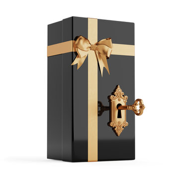 Luxury Surprise And Secure Packaging. Black Gift Box With Golden Ribbon Bow And Ornate Lock With Key. 3D Rendering