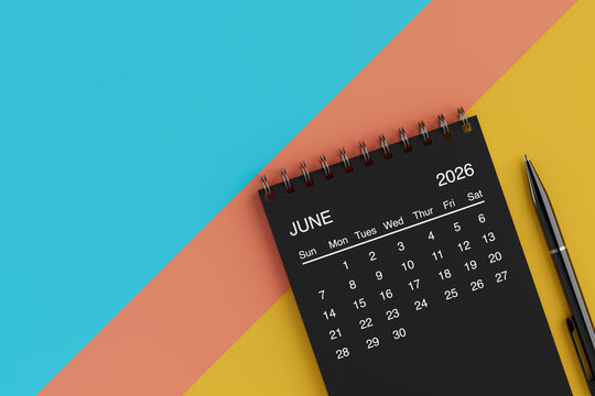 Black Flip Monthly June 2026 Business Calendar with Black Pen. 3d Rendering
