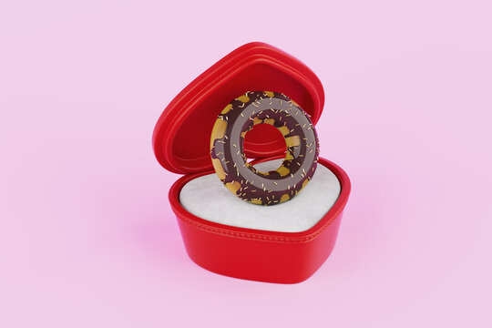 Sweet Love And Romantic Surprise. Chocolate Donut In Open Red Heart Gift Box On Pink Background. 3d Rendering