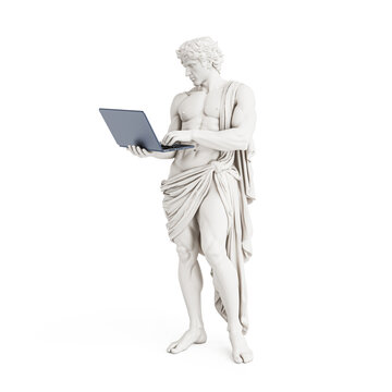 Classical Art And Digital Work Concept. Marble Male Statue Using Laptop On White Background. 3D Rendering