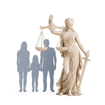 Family Law And Legal Protection. Femida Statue With Scales And Sword Beside Parent And Child Silhouettes. 3d Rendering