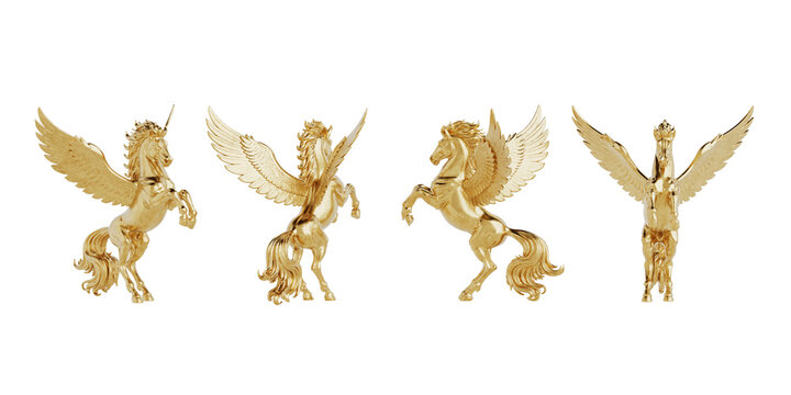 Mythical Luxury And Fantasy Collection. Four Golden Pegasus Statue Views On White Background. 3D Rendering