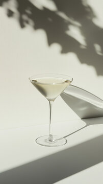 Minimalist martini glass with vermouth cocktail and leaf shadow on white