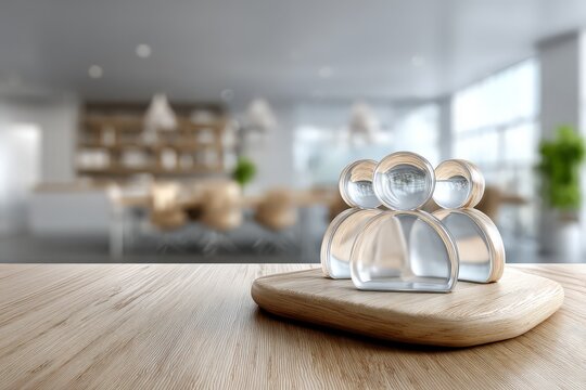 Crystal figures representing teamwork and collaboration in a modern workspace.