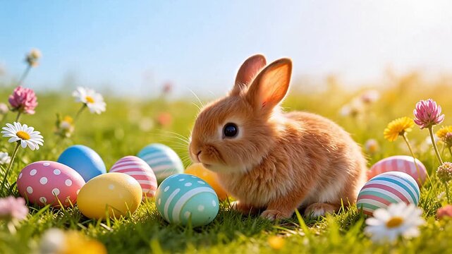 Bunny with Easter eggs in grass