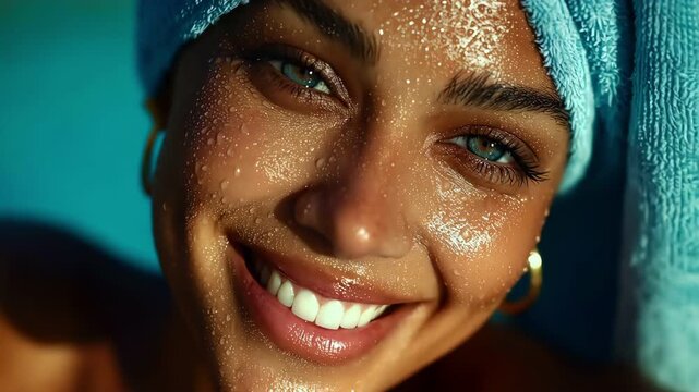 Extreme close up of one woman face with wet skin and towel opening eyes glowing