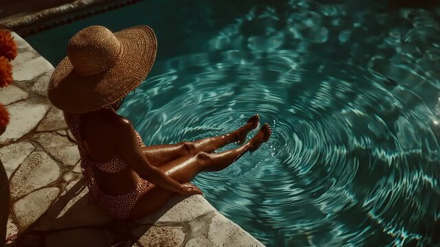 Back view of one woman in hat sitting on pool edge kicking water cinematic