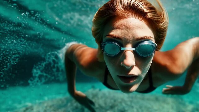 Close up front view of one woman swimming underwater with goggles dynamic style