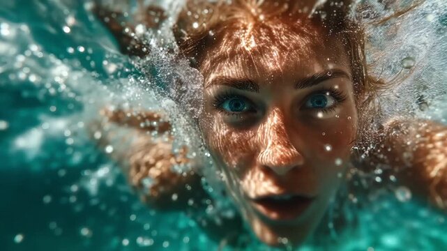 Front view of one woman swimming underwater towards camera with bubbles action