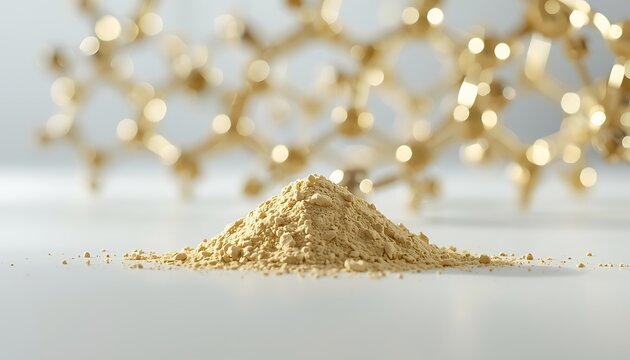 Golden powder pile with molecular structure background, representing nanotechnology and advanced materials in a laboratory setting with a sense of innovation and discovery.