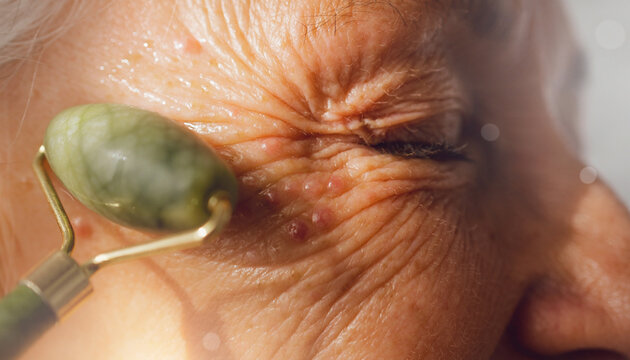 Woman uses jade roller on cheek for skin care routine during self-care time at home