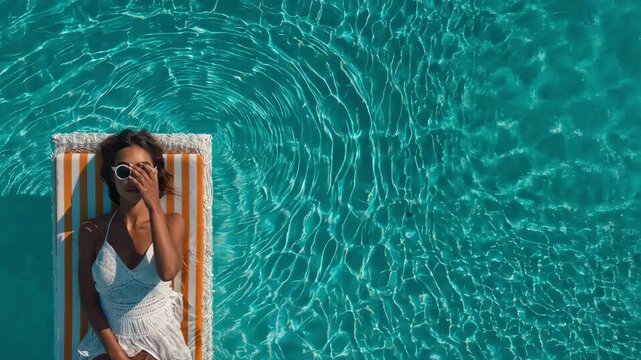 Top down view of one woman floating on striped mattress in blue pool cinematic