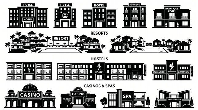 Black and White Silhouette Vector Icon Set of Various Accommodation Buildings Including Luxury Hotels, Tropical Resorts, Budget Hostels, Grand Casinos and Modern Wellness Spa Centers.