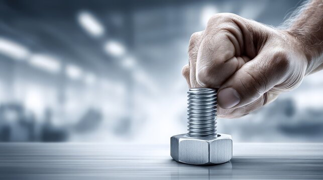 Hand gripping a metal bolt and preparing for tightening work.