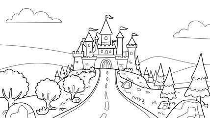 Fototapeta premium Fantasy castle with flags on a hill approached by a road surrounded by trees and hills line art fairytale