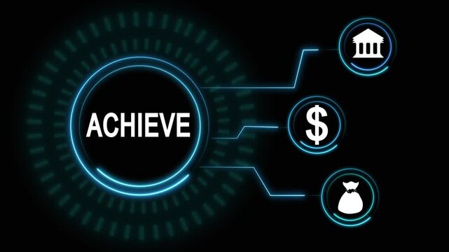 Achieve financial goals concept icons. Financial goals concept glows. This achieve financial goals concept with bank and money icons represents success in global banking today.