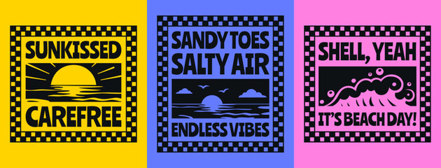 Set of Retro Summer Beach Vibes Flat Illustration for T-Shirt Print with Slogans, Vintage Tropical Apparel Sticker Design Sunset, Sunrise, Waves, Coastal Travel Poster Badge Collection for Posters © Whiskerz