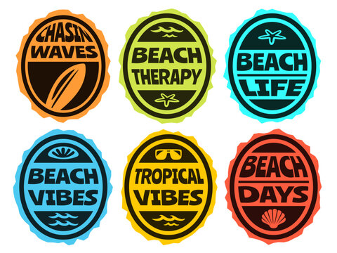 Retro Summer Beach rounded Badges Vector Illustrations with Quotes, Vintage Surf Vibes Sticker Design for T-Shirt Prints, Poster, Coastal Designs.