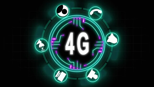 Futuristic digital network hub stays. Digital network hub glows. This futuristic digital network hub with 4G symbol represents professional communication and data connectivity.